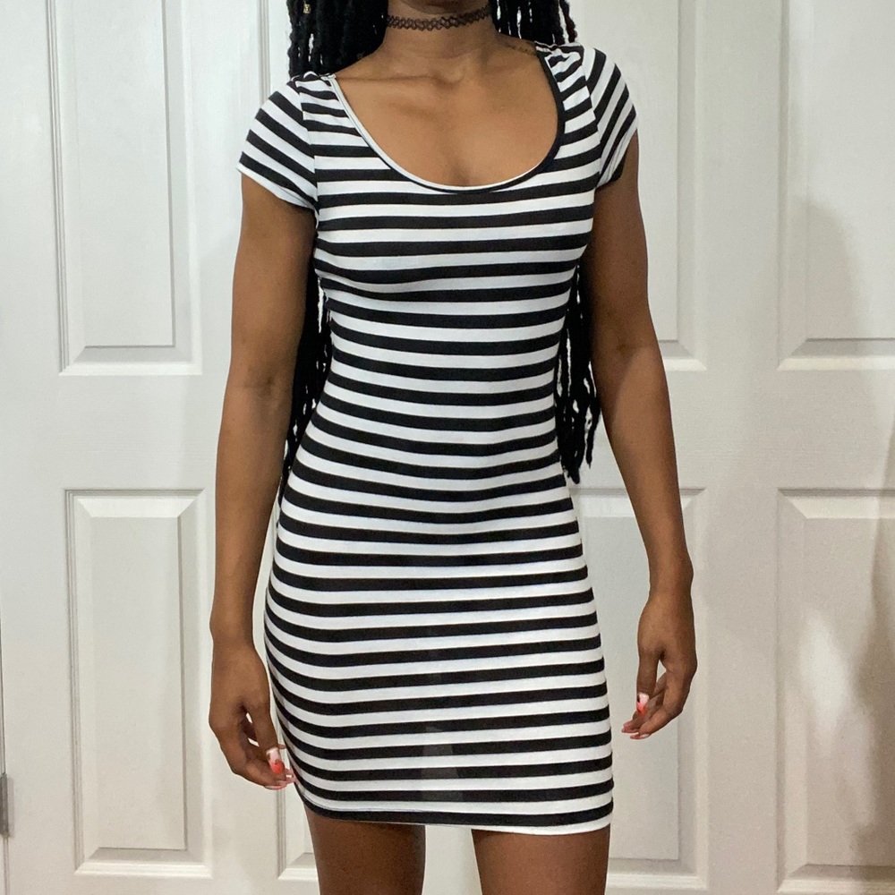 Black & White Striped Cutout Bodycon Dress